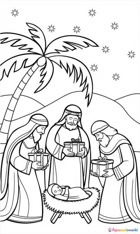 kolorowanka dla dzieci przedstawiająca scenę z podróżnikami składającymi dary przy żłóbku