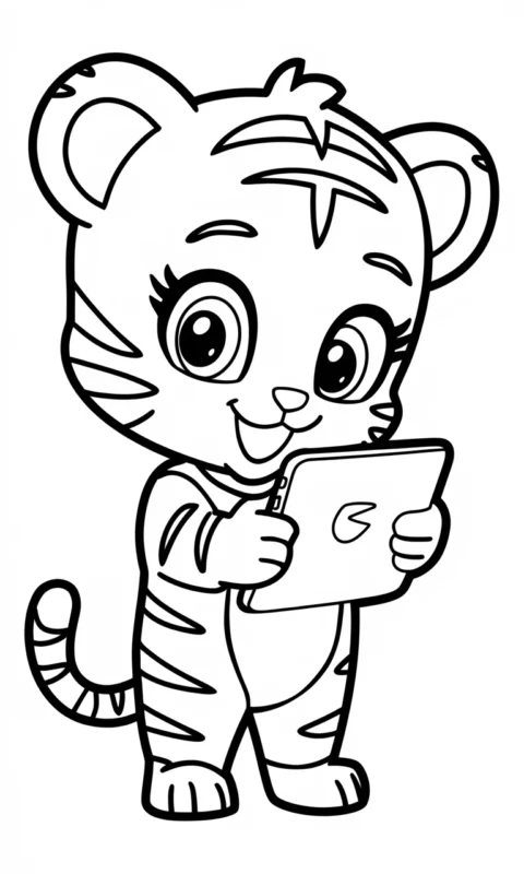 kolorowanka dla dzieci przedstawiająca małego tygryska z tabletem