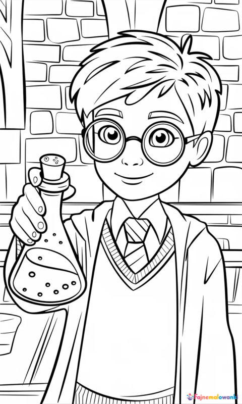 kolorowanka dla dzieci przedstawiająca młodego ucznia z magiczną miksturą w szkole czarodziejów do druku - kolorowanki harry potter