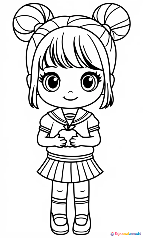 Kolorowanka dla dzieci przedstawiająca uroczą dziewczynkę w stylu chibi w mundurku szkolnym z jabłkiem - toca life world kolorowanki