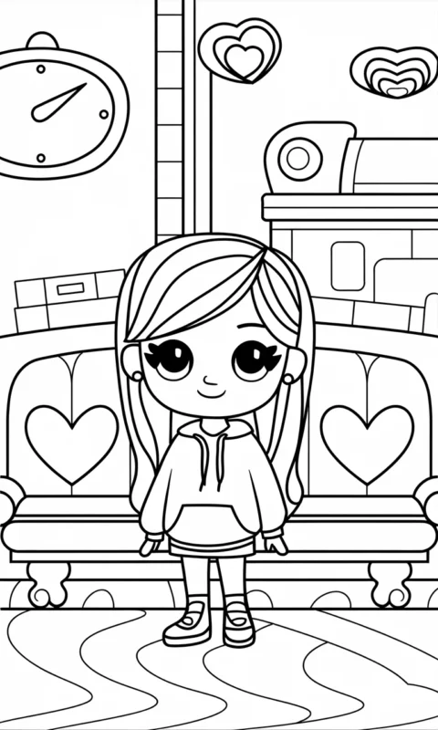 Kolorowanka dla dzieci przedstawiająca uroczą dziewczynkę w pokoju z sofą i ozdobami w kształcie serc - toca life world kolorowanki