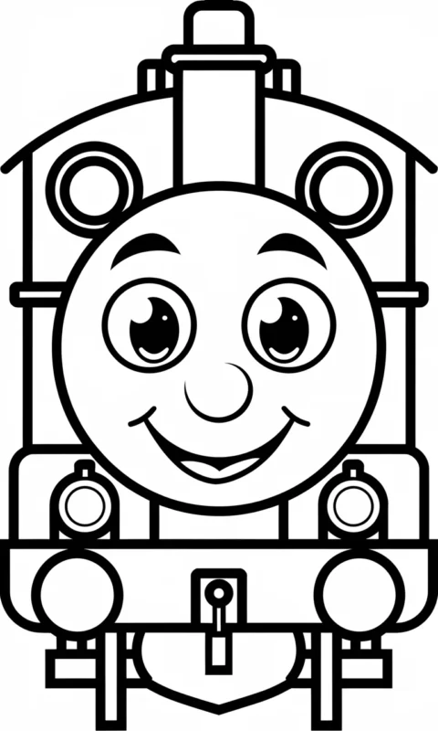 kolorowanka dla dzieci z uśmiechniętą lokomotywą