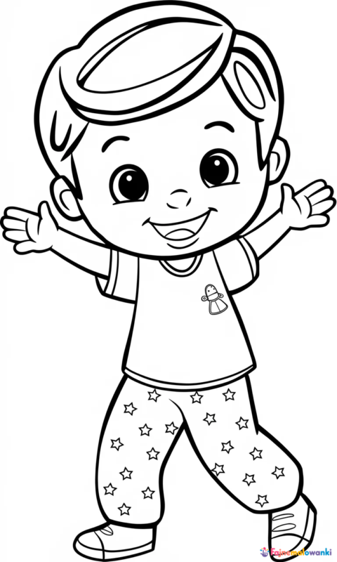 kolorowanka dla dzieci przedstawiająca uśmiechniętą postać dziecka w wygodnym stroju z gwiazdkami do pokolorowania - pj masks pidzamersi kolorowanki