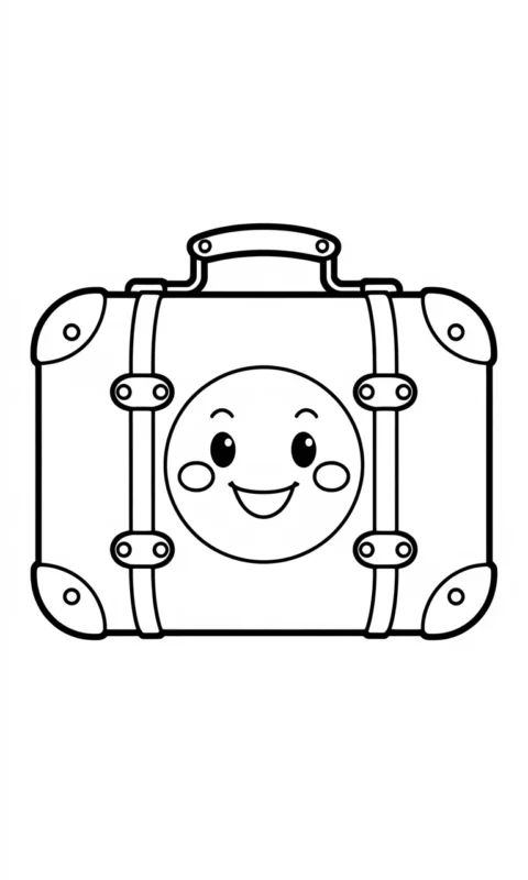 Kolorowanka dla dzieci przedstawiająca uśmiechniętą walizkę z rączką i zapięciami do pokolorowania - kolorowanki brawl stars