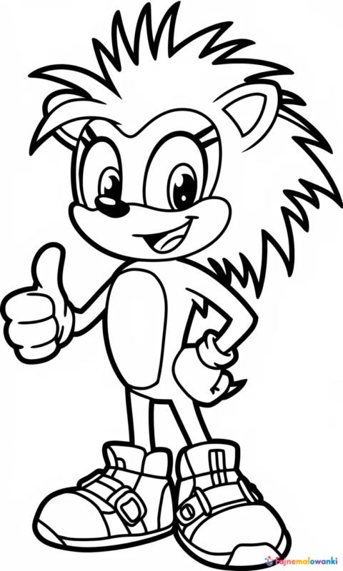 Kolorowanka dla dzieci przedstawiająca wesołego jeża z uniesionym kciukiem