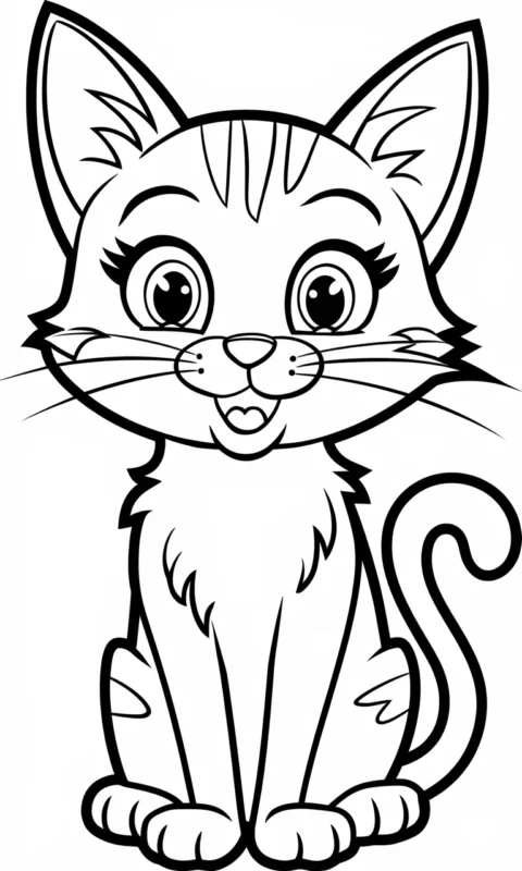 Kolorowanka dla dzieci przedstawiająca uśmiechniętego kotka w pozycji siedzącej do pokolorowania - kolorowanki zwierzęta
