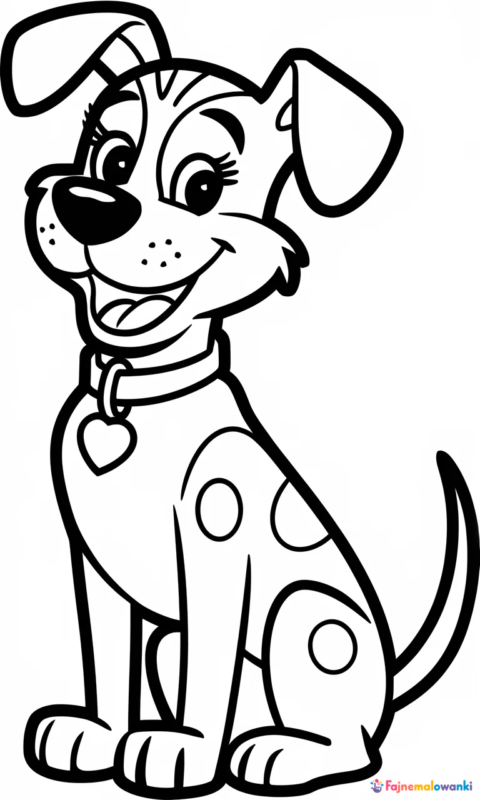 Kolorowanka przedstawiająca uśmiechniętego psa w obroży