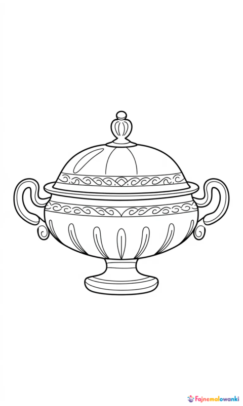 kolorowanka dla dzieci przedstawiająca waza na zupę z pokrywką