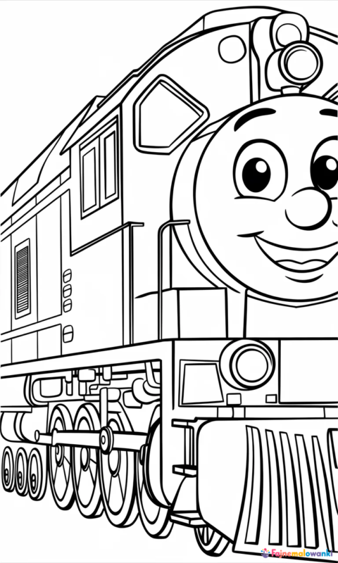 kolorowanka dla dzieci z wesołą lokomotywą na torach