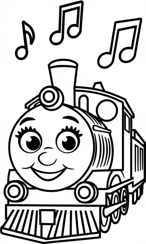 kolorowanka dla dzieci z uśmiechniętą lokomotywą i nutkami muzycznymi