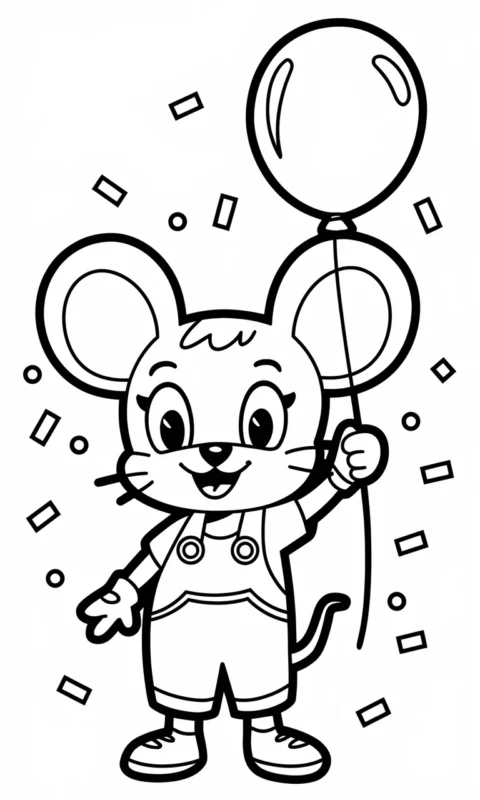 kolorowanka dla dzieci z wesołą postacią myszki trzymającej balonik