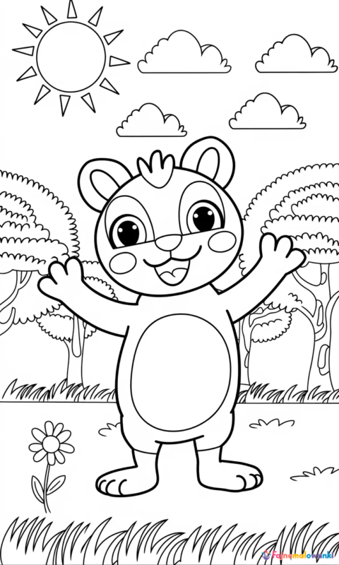 kolorowanka dla dzieci przedstawiająca wesołą postać w ogrodzie z słońcem