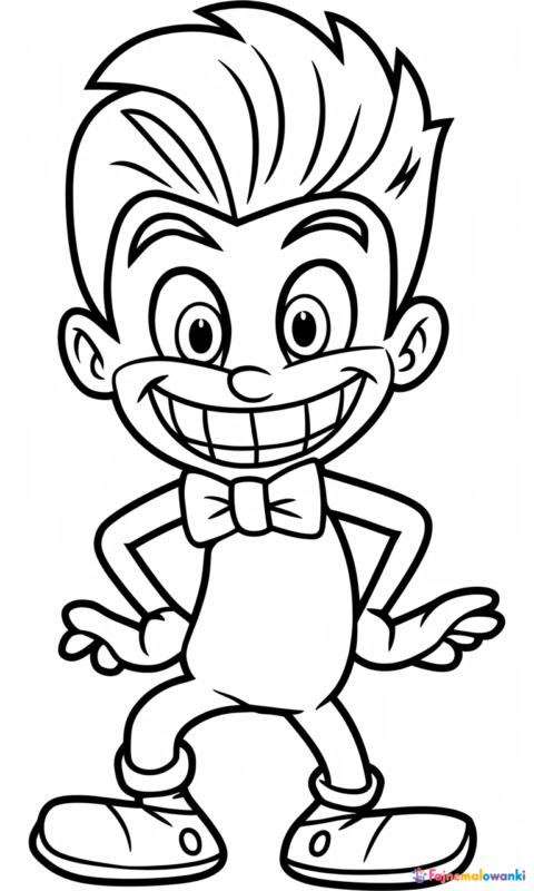 kolorowanka dla dzieci przedstawiająca zabawną postać z kokardą i uśmiechem