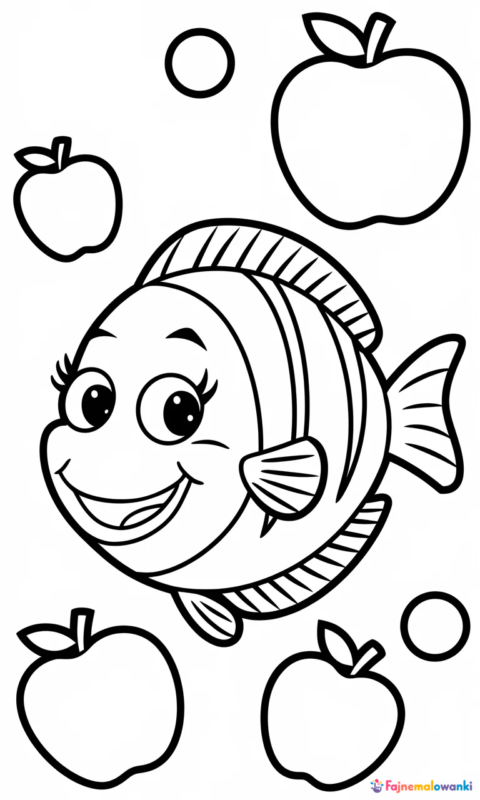 kolorowanka dla dzieci z wesołą rybką pływającą wśród owoców