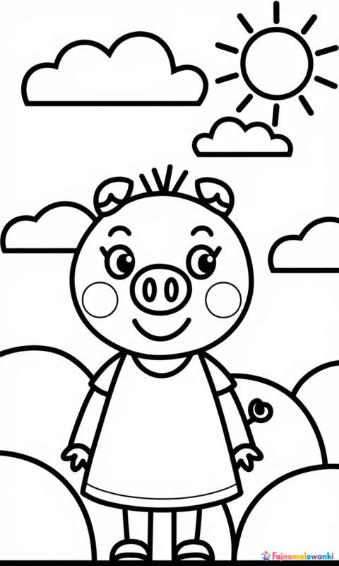 kolorowanka dla dzieci przedstawiająca wesołą świnkę w sukience na tle chmur i słońca do pokolorowania - kolorowanki świnka peppa
