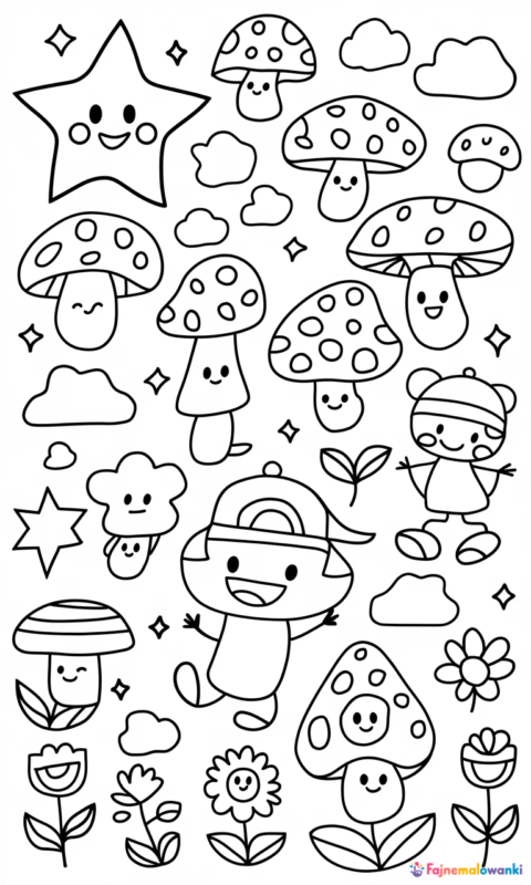 Kolorowanka dla dzieci z wesołymi grzybkami