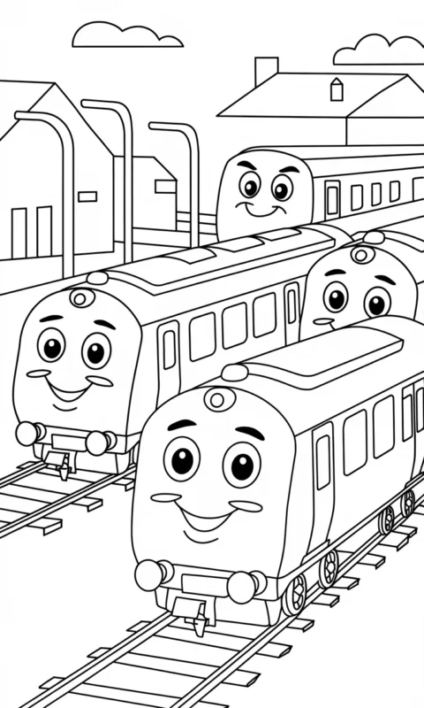 kolorowanka dla dzieci z uśmiechniętymi pociągami na torach kolejowych do wydruku i pokolorowania - kolorowanki stacyjkowo