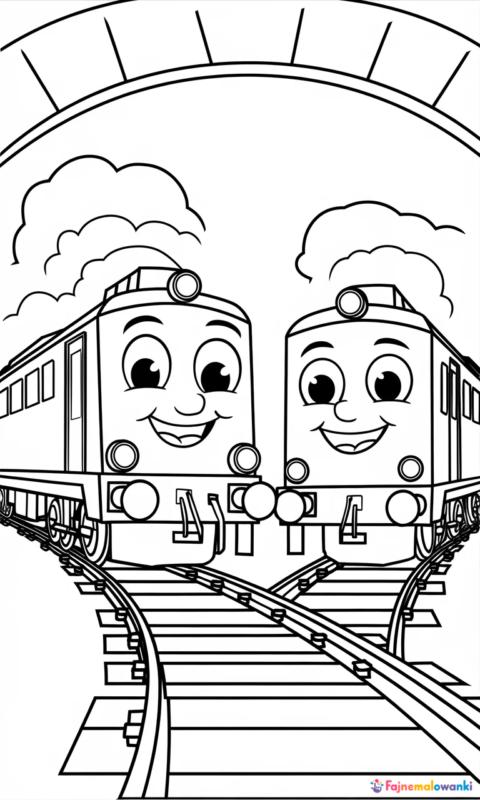 kolorowanka dla dzieci z dwoma uśmiechniętymi pociągami na torach