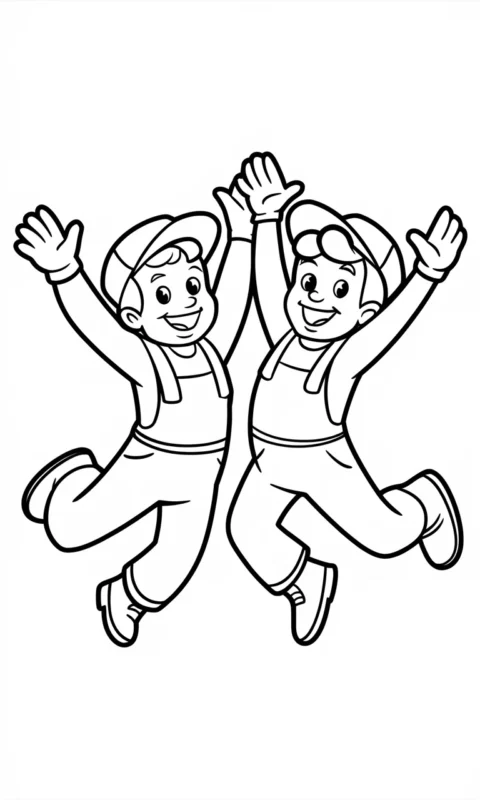 Kolorowanka dla dzieci przedstawiająca dwa wesołe postaci hydraulików w kombinezonach skaczących radośnie - kolorowanki mario