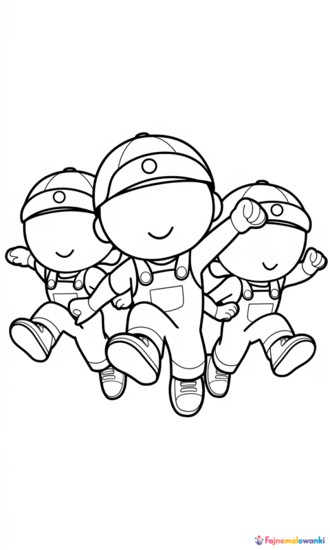 kolorowanka dla dzieci z trzema wesołymi postaciami skaczącymi w dynamicznej pozie
