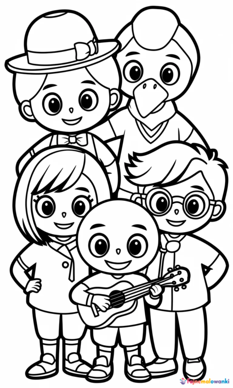 Kolorowanka dla dzieci przedstawiająca grupę wesołych postaci z kreskówki