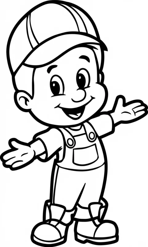 kolorowanka dla dzieci przedstawiająca wesołego hydraulika w kombinezonie i czapce z rozłożonymi rękami - kolorowanki mario