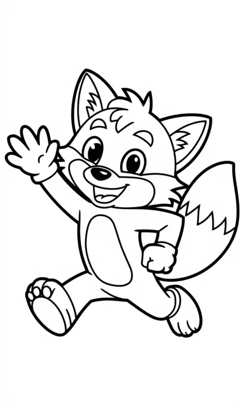 kolorowanka dla dzieci z wesołym liskiem machającym łapką