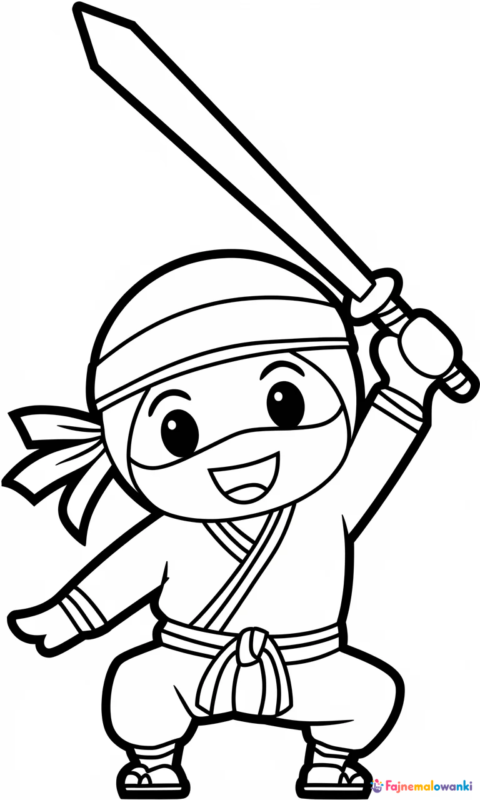 kolorowanka dla dzieci przedstawiająca wesołego wojownika ninja z mieczem treningowym do pokolorowania - kolorowanki piratix