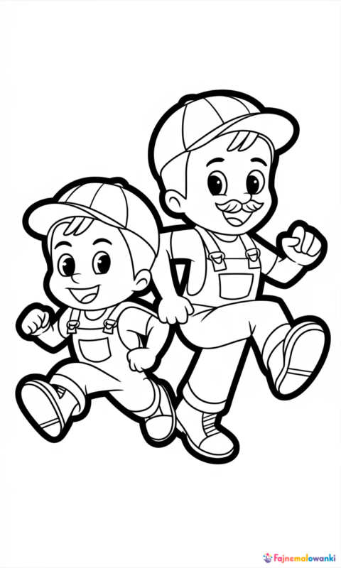 kolorowanka dla dzieci przedstawiająca dwóch zabawnych hydraulików w kombinezonach skaczących radośnie - kolorowanki mario