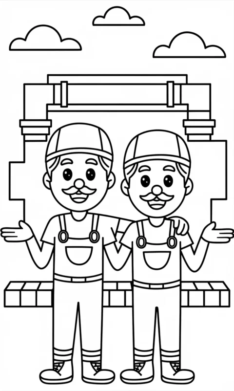 kolorowanka dla dzieci z dwoma zabawnymi hydraulikami w kombinezonach