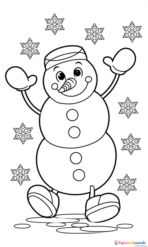 kolorowanka dla dzieci z wesołym bałwankiem otoczonym płatkami śniegu do wydruku i pokolorowania - frozen kraina lodu kolorowanki