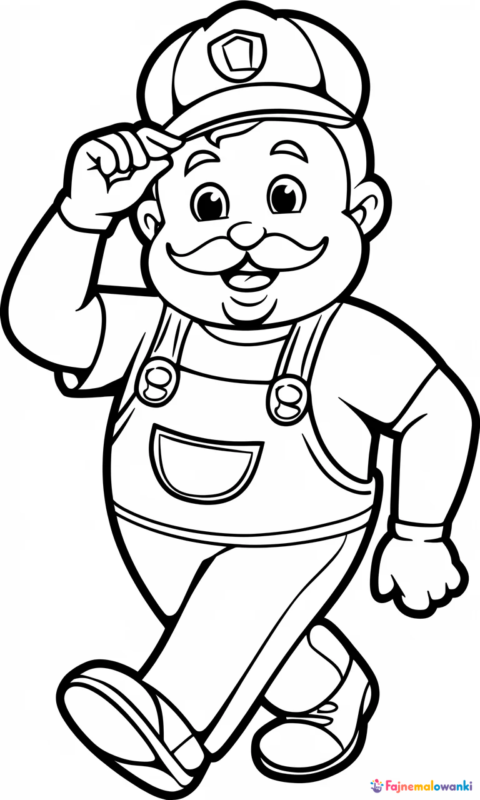 kolorowanka dla dzieci z wesołym hydraulikiem w kombinezonie i czapce