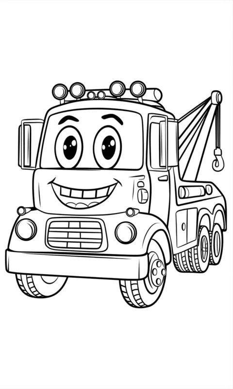 kolorowanka dla dzieci przedstawiająca wesoły samochód pomocy drogowej z uśmiechem i dużymi oczami do wydruku - auta cars