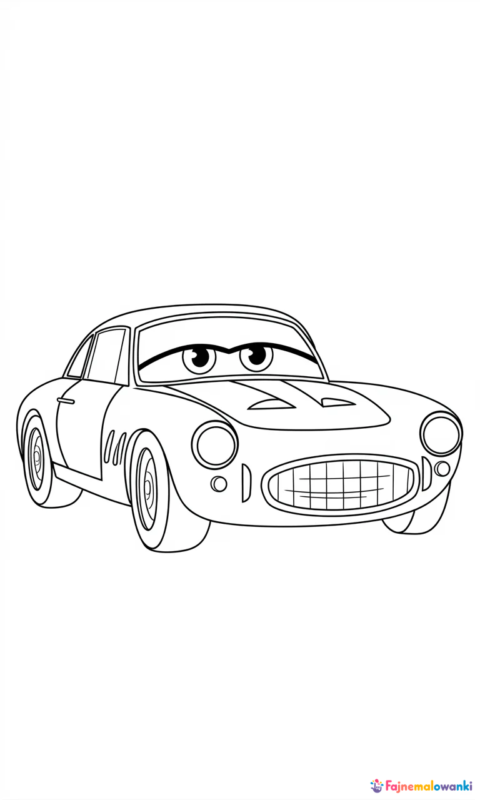 kolorowanka dla dzieci przedstawiająca uśmiechnięty samochód wyścigowy z charakterystycznymi oczami i radosnym uśmiechem - auta cars