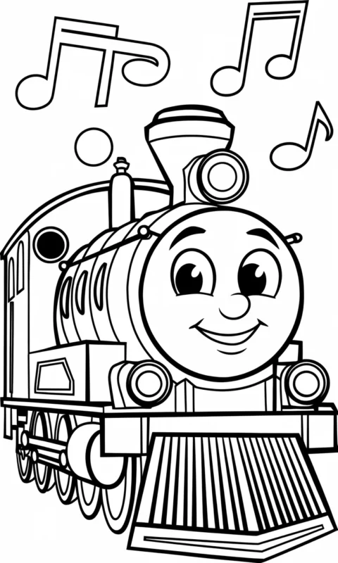 Kolorowanka dla dzieci przedstawiająca wesołą lokomotywę z nutkami muzycznymi