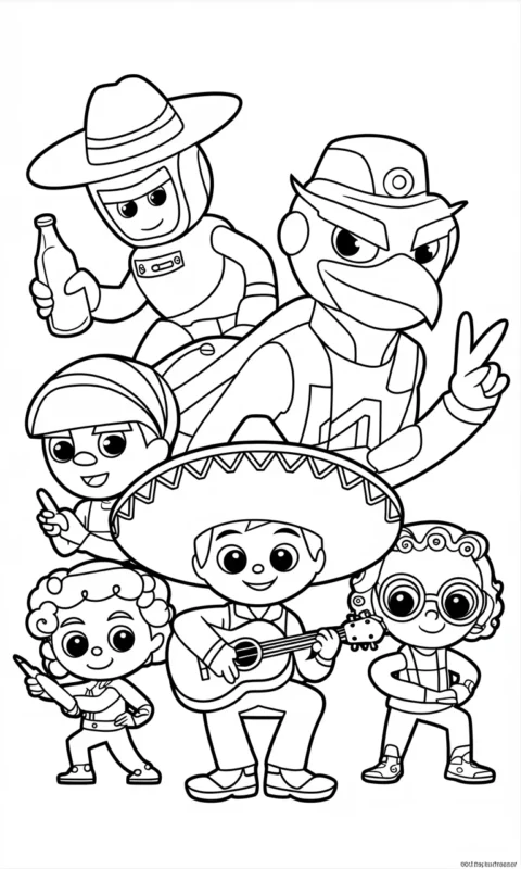 kolorowanka dla dzieci przedstawiająca grupę wesołych postaci z kreskówek