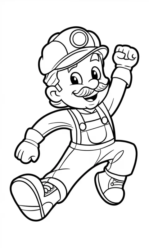 kolorowanka dla dzieci z wesołym hydraulikiem w kombinezonie skaczącym radośnie do góry - kolorowanki mario