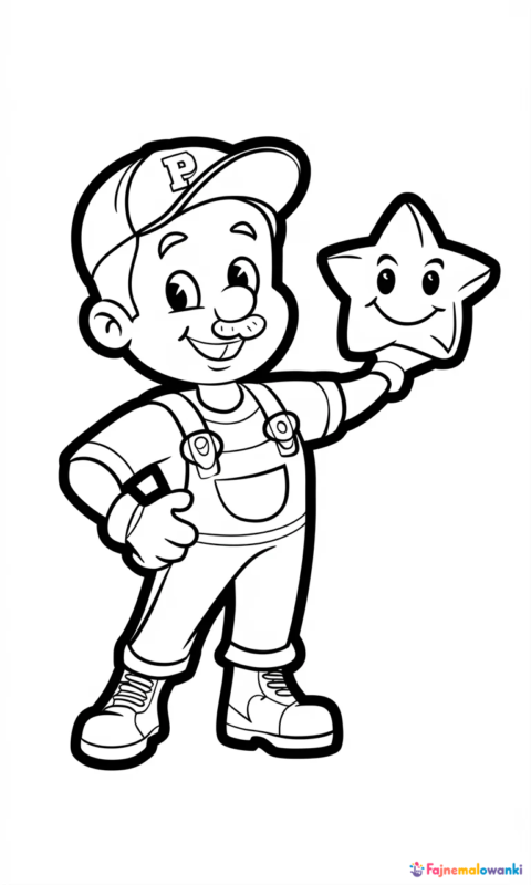 kolorowanka dla dzieci z wesołym hydraulikiem w kombinezonie trzymającym gwiazdkę