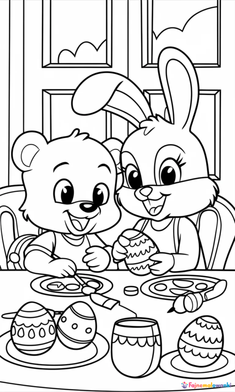 kolorowanka wielkanocna dla dzieci z misiem i królikiem malującymi pisanki przy stole - kolorowanki wielkanocne