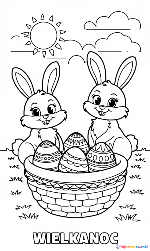 kolorowanka wielkanocna dla dzieci z królikami i koszyczkiem pisanek do wydruku - kolorowanki wielkanocne