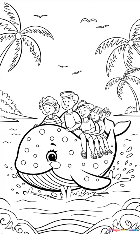 kolorowanka dla dzieci przedstawiająca zabawnego wieloryba z dziećmi na wakacjach