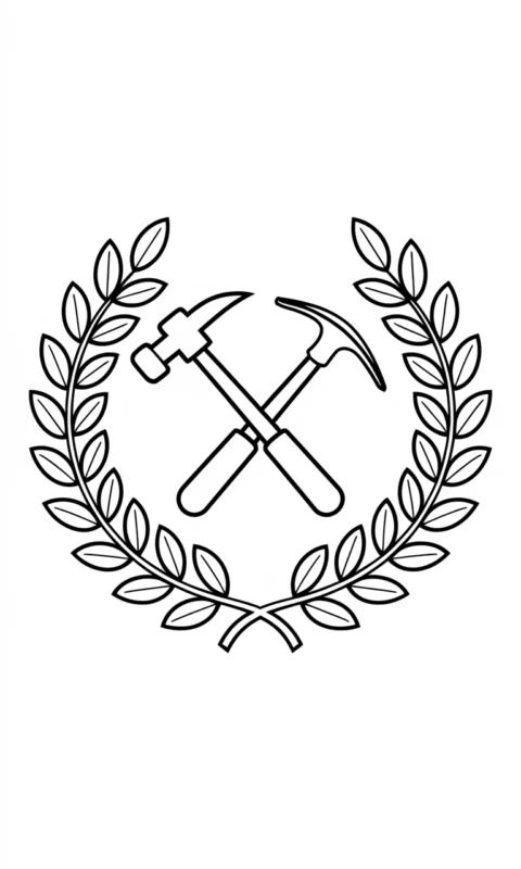 Kolorowanka dla dzieci przedstawiająca wieniec laurowy z narzędziami górniczymi do wydruku - kolorowanki barborka dzień górnika