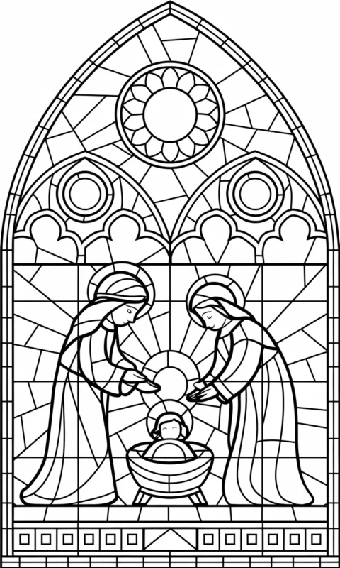 kolorowanka witraż świąteczny ze sceną szopki bożonarodzeniowej do pokolorowania dla dzieci - kolorowanki religijne