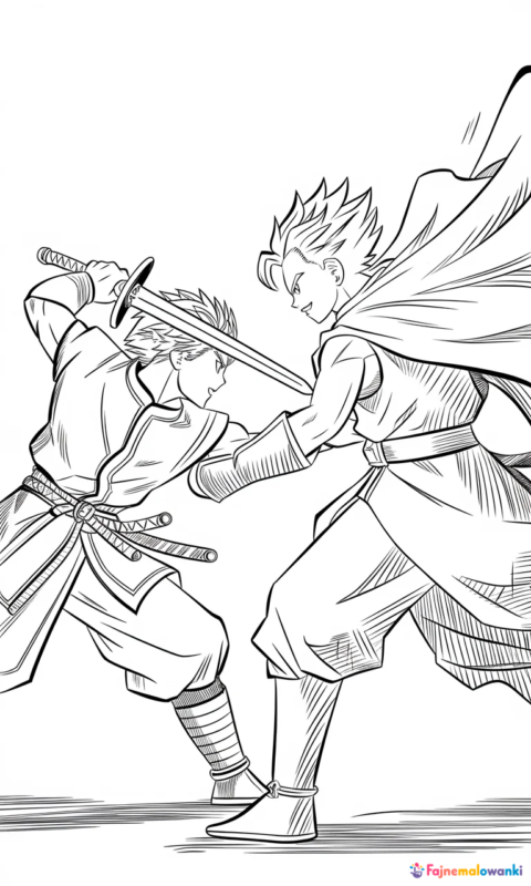 kolorowanka dla dzieci przedstawiająca dynamiczną scenę walki dwóch wojowników w stylu anime do pokolorowania - kolorowanki harry potter