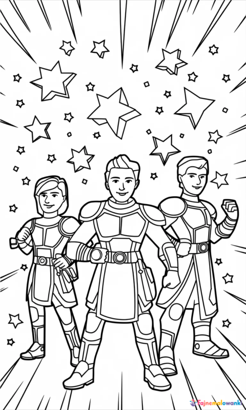 kolorowanka dla dzieci z trzema wojownikami kosmicznymi w dynamicznych pozach