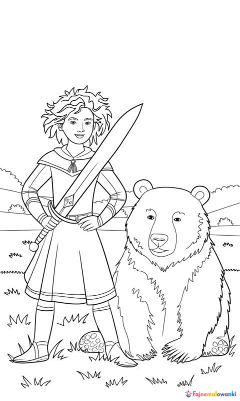kolorowanka dla dzieci z odważną wojowniczką i przyjaznym niedźwiedziem w scenerii średniowiecznej do pokolorowania - kolorowanki merida waleczna