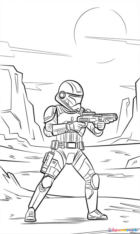 kolorowanka dla dzieci z wojownikiem sci-fi w zbroi na pustynnej planecie