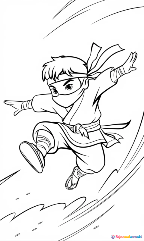 kolorowanka dla dzieci przedstawiająca młodego wojownika ninja w dynamicznym skoku