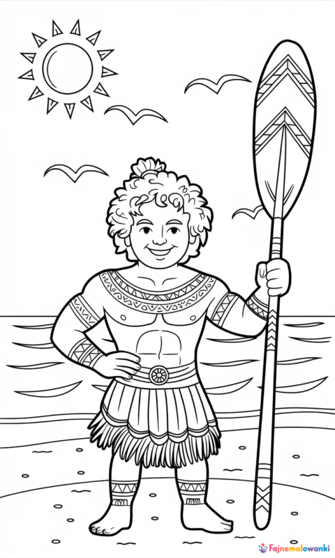kolorowanka dla dzieci przedstawiająca wojownika z wysp tropikalnych z wiosłem na plaży - vaiana moana