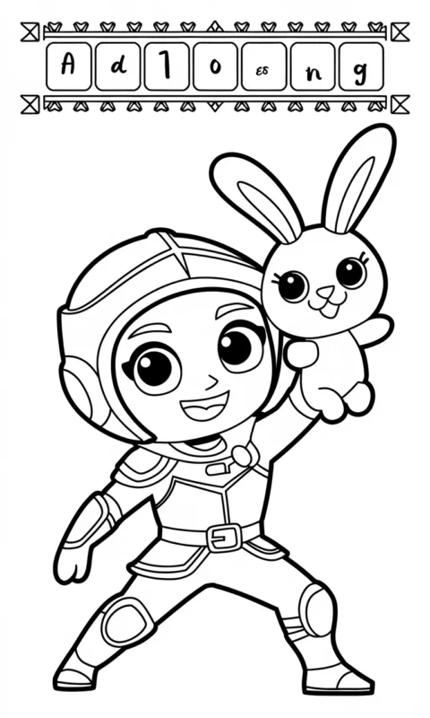 Kolorowanka dla dzieci z postacią wojownika trzymającego pluszowego króliczka